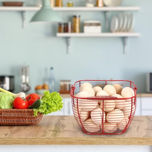 2 PCS 7" Red Wire Egg Baskets With Handle Kitchen Countertop Egg Holder | Small Metal Collecting Basket for Gathering Fresh Eggs, Chicken and Duck Eggs Hunting Basket & Counter Storage Basket - color: Red