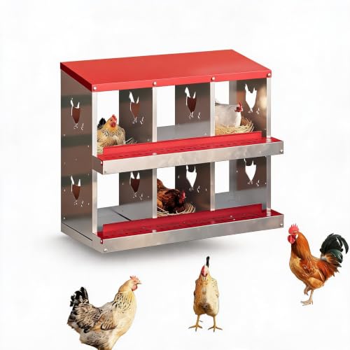 Galvanized Steel Chicken Nesting Box 6 Grids, Metal Egg Laying Boxes for Hens with Hinged Lid and Ventilated Design, Easy Clean Poultry Nest Box for Chicken Coop Accessories, Red, No Legs - color: Red, size: 6 Holes no Legs