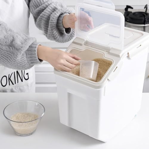 25LB Large Flour Storage Container Bin,4 Pack Airtight Plastic with Wheels Seal Locking Lid Dispenser Organizer Storage Bin with Measuring Cup & Scoop for Flour, Rice, Grain 100LBS Total，Grey - color: Grey/30lbs,4counts