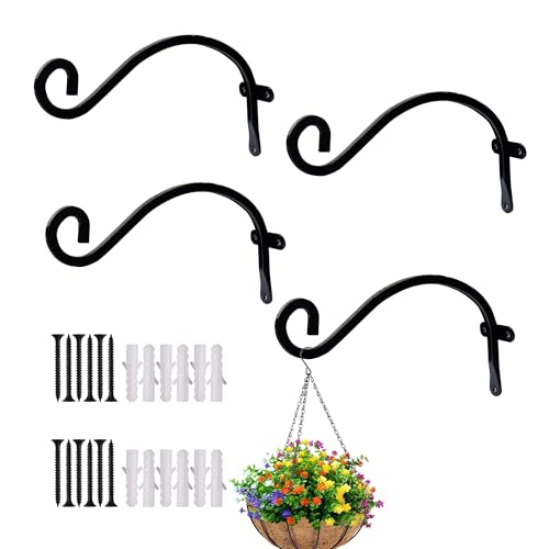 Hourleey 4 Pack Plant Hanger Outdoor, 8 Inch Heavy-Duty Hanging Plant Hook for Outside Basket, Black Metal Wall Mount Plant Bracket Hook for Flower Baskets Bird Feeder - size: 8 Inch-4 Pack