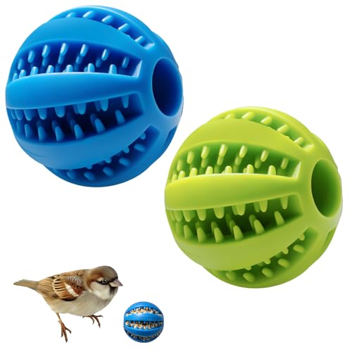 2Pcs Parrot Foraging Toys Bird Chew Balls, Interactive Feeder Treat Dispenser for Small Medium Birds Conure Parakeet Cockatiel, Long-Lasting Plastic Hanging Bell (Green & Blue)