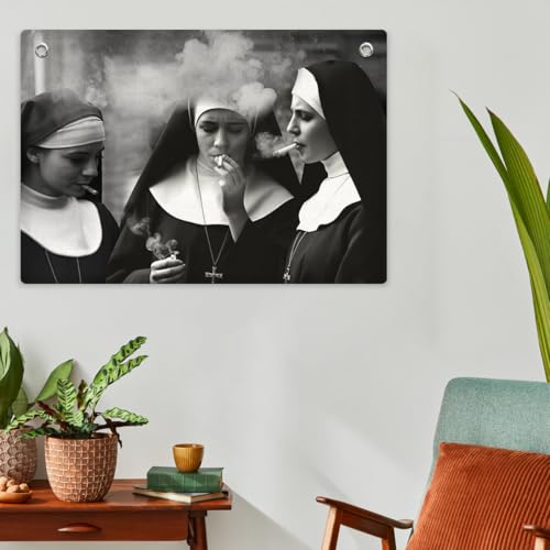 Black & White Nun Smoking Banner Wall Hanging,Vintage Catholic Wall Decor Modern Religious Nun Banner Flag Tapestry for Living Room Bedroom Hallway Office Restaurant Room Decorations,28.5×20 Inch - color: Multi 0660