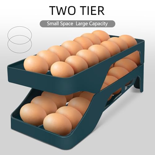 Egg Holder for Fridge Automatic Rolling Egg Dispenser for Refrigerator Kitchen Countertop - Space-saving Egg Roller/Organizer/Storage/Container/Tray for Fridge Double Track - color: Dark Blue
