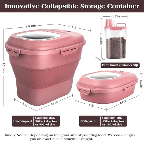 TIOVERY Dog Food Storage Container, Airtight Collapsible 13lb to 30lb Pet Food Container with Flip Top, Rolling Wheel, Scoop and a small container for Dog Cat Food and Dry Food of Rice, Flour - color: Pink