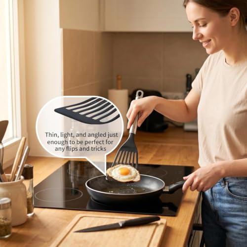 2 Pack Thin Flexible Fish Spatula for Nonstick Cookware, Black | Egg Flipper Turner, 1 Medium 1 Long Size, Hollow Steel Handle Slotted Angled LFGB Complaint Nylon Blade, Dishwasher Safe - size: Medium (2 Pack)