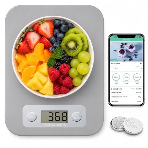 URAMAZ Smart Food Scale with Nutritional Calculator, Digital Kitchen Scale with Bluetooth App for Weight Loss, Food Weight Scale for Diet, Keto, Macro, Calories Counting, Tracking, 11lb - color: Grey