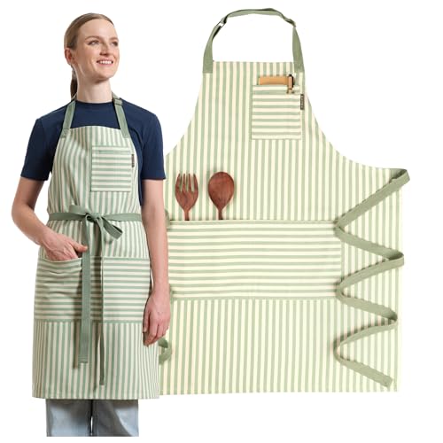Chef Aprons for Women with Pockets, Adjustable Bib Aprons for Cooking - color: Sage Green Striped