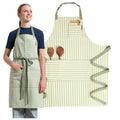 Chef Aprons for Women with Pockets, Adjustable Bib Aprons for Cooking - color: Sage Green Striped