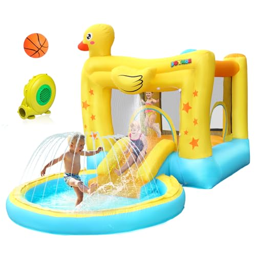Bonnlo Inflatable Water Bounce House with Slide, Inflatable Water Slide with Sprayer and Pool, Duck Shaped Backyard Water Park for Kids Ages 3-10, Equipped with Blower, Heavy Duty