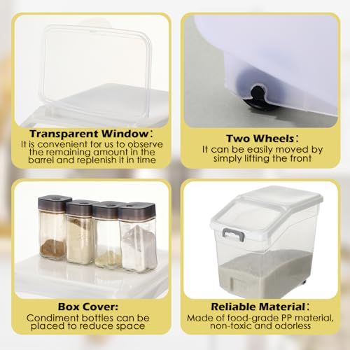 4 Pcs Rice Storage Container 38 lb Flour Container with Wheels Measuring Cup Clear Pet Food Bin Dog Birds Cat Food Bin Grain Cereal Organizer Box for Dry Baking Supplies(White Lid) - color: White Lid, size: 38 lb