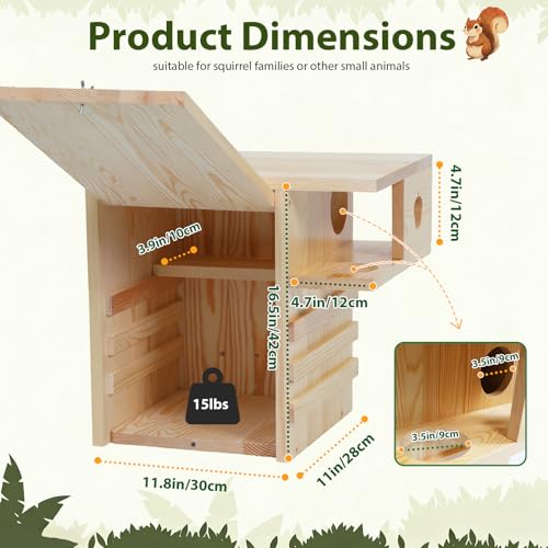 Extra Large Squirrel House for Outside, Squirrel Box with Predator Guard | Pine Wood Squirrel Nesting Box Outdoor, with Exterior Porch, Suitable for Squirrel Families and Chipmunks, Easy to Assemble - size: Extra Large: 11"wide