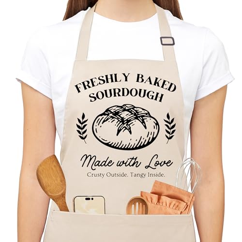 Freshly Baked Sourdough Apron for Women with Deep Pockets - Funny Bakers Apron, Unique Sourdough Gifts for Women & Bread Bakers, Adjustable Kitchen Apron for Mom, Mother’s Day Baking Gift - B09 - color: Freshly Baked Sourdough