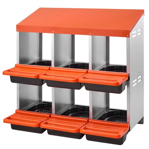 VEVOR 2 Tiers Chicken Nesting Boxes, 6 Compartments, Metal Egg Laying Boxes with Protective Collection Lids, Roll Out Nesting Box, Easy to Assemble, Ideal for Hens, Ducks, Chickens, and Other Poultry - size: 31.3"L x 20.6"W x 31.1"H