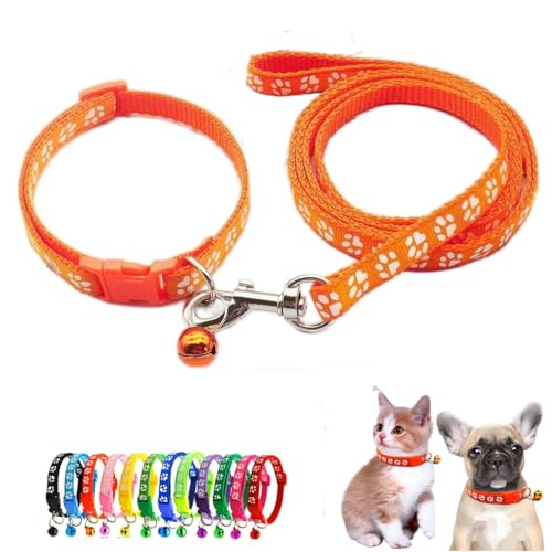 Orange Cat Collar and Leash with Bell Set, Puppy Dog Kitten Collars,XXS,XS | Paw Print Reflective Dog Collar Leash Set with Bell, Basic Nylon Boy Girls Pet Collar Adjustable For XXS XS S Tiny Puppies - color: orange