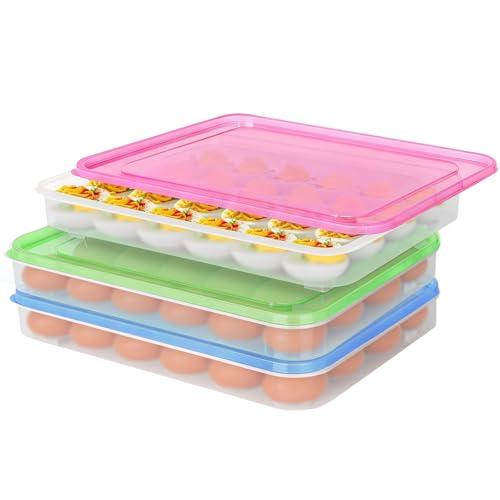 Deviled Egg Containers with Lid, Set of 3 Stackable Egg Carriers, Holds 72 Eggs for Refrigerator, Clear Trays for Parties & Holidays - color: pink,blue,green, size: 72 Eggs