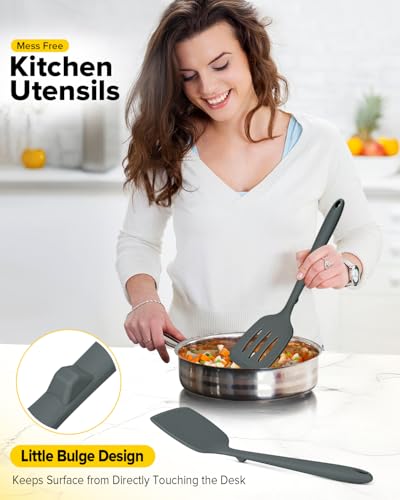 Pack of 2 Silicone Spatula Turners, Non Stick Slotted Kitchen Spatula Set, Heat Resistant BPA Free Kitchen Utensils, One-Piece Design, Suitable for Flipping Fish, Eggs, Steak, Pancakes(GRAY) - color: Gray
