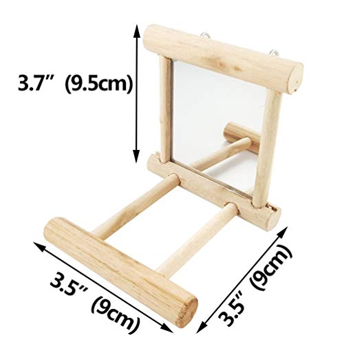 Bird Mirror with Swing and Perch for Parakeets Cockatiels Lovebirds Finches - Wooden Interactive Hanging Cage Toy, 3.7 x 3.5 x 3.5 Inch, 1 Pack - size: 3.7 x3.5x3.5 inch
