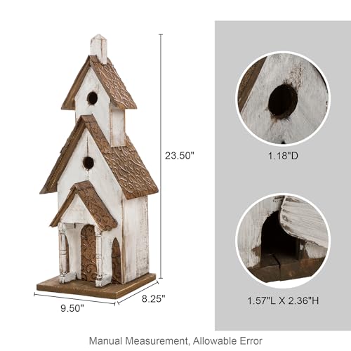 Glitzhome Rustic Hand Painted Wooden Church Birdhouse, Extra-Large 23.62" H Hanging Bluebird Houses for Outside, Decorative Bird House for Yard and Garden Decoration - color: Washed White