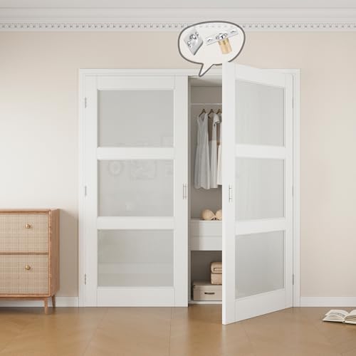 64x80 Interior French Door,3-Lite Frosted Glass Doors,DIY Prehung Room Door | Prefinished & Paintable Double Doors with Ball Catches & Hinges & Handles, Tempered Frosted Glass, Interior Swing Closet Door - color: 3 Panel Frosted Glass, size: 64" x 80"