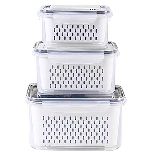 3Pack Fridge Food Storage Container Set with Lids with Strainer,Plastic Fresh Produce Saver Vegetable Fruit Meat Storage Organization, BPA-Free Plastic Produce Keepers(3.15L+1.7L+0.8L)