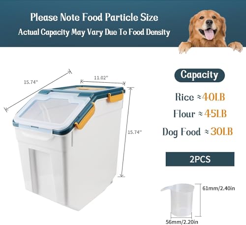 50LB Large Flour Storage Container Bin,2 Pack Airtight Plastic with Wheels Seal Locking Lid Dispenser Organizer Bin with Measuring Cup & Scoop for Flour, Rice, Grain 100LBS Total Capacity(Blue) - color: Blue/50lbs,2counts