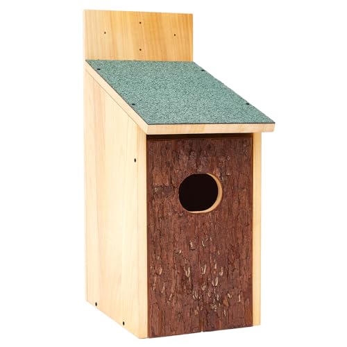 Yaocom 22.8 x 14.6 x 11.0 Inch Wooden Duck Nesting Box with Bark Door Asphalt Roof Waterproof Camouflage Duck House for Outside Tree Wall & Pole Installation