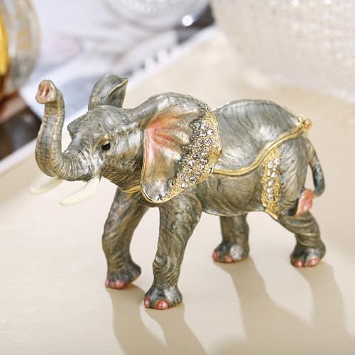 Hand Painted Enamel Lucky Elephant Trinket Box, Hinged Unique Mini Ring Necklace Jewelry Organizer, Classical Bejeweled Storage, Figurine Collectible Keepsake Home Decor (Elephant-2) - color: Elephant-2