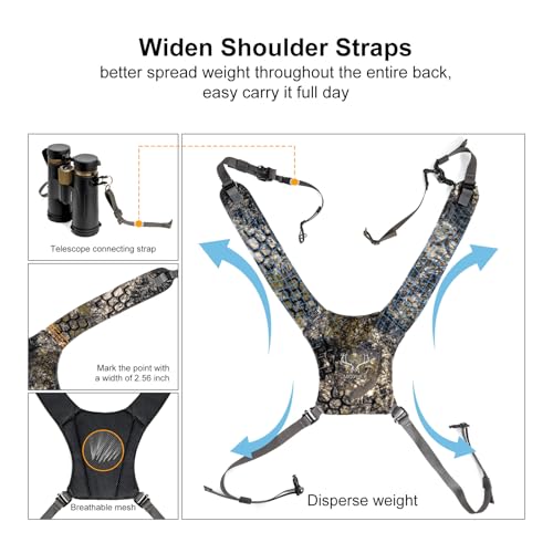 Binocular Harness Chest Pack - Rangefinder Pouch for Hunting Camo | Silent one-handed access, bino case with rain cover and removable pouch , MOLLE webbing for birdwatching and hiking - color: Camo