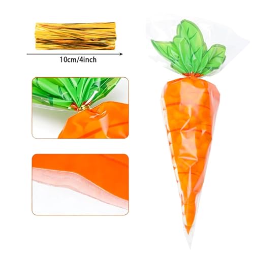 MexLuyu 50Pcs Cute Carrot Gift Wrap Bags Easter Cellophane Treat Bags Carrot Shaped Triangle Bags with Twist Ties Orange Gift Cone Goodie Plastic Bag Easter Party Supplies for Cookie Popcorn