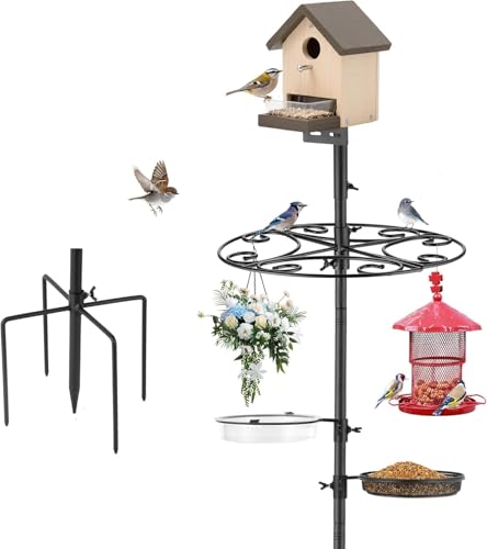 Upgraded Heavy Duty Bird Feeder Pole - Thicker Steel Bird Feeding Station Pole with 5-Prong Base, Wind-Resistant Water Bowl, Mesh Tray, Bird House Frame for Yard Garden Backyard(Not Include Birdhouse)