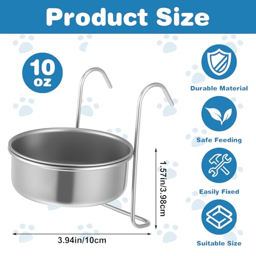 8 Pcs Stainless Steel Hanging Pet Bowl, 10 oz Kennel Food and Water Dish Feeder Coop Cup with Hook for Dog Crate, Cat, Rabbit Birds Chicken Cage No Spill