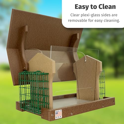 DutchCrafters Poly Hanging Large Hopper Bird Feeder with Two Suet Cake Holder Cages, Durable Long Lasting Outdoor Bird Feeder - Amish American Made in USA (Tudor Brown & Weatherwood) - color: Hanging - Tudor Brown & Weatherwood