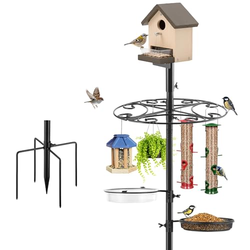 Upgraded Heavy Duty Bird Feeder Pole - Thicker Steel Bird Feeding Station Pole with 5-Prong Base, Wind-Resistant Water Bowl, Mesh Tray, Bird House Frame for Yard Garden Backyard(Not Include Birdhouse)