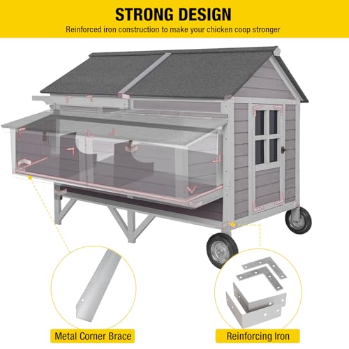 Mobile Chicken Coop with Wheels, Large 16.4ft² Chicken House for 6-8 Chickens, Weatherproof Chicken Tractor, with Nesting Boxes & Foldable Ramp, Easy Clean with Pull-Out Metal Trays - color: Grey, size: 68.1"L x 41.3"W x 49.0"H