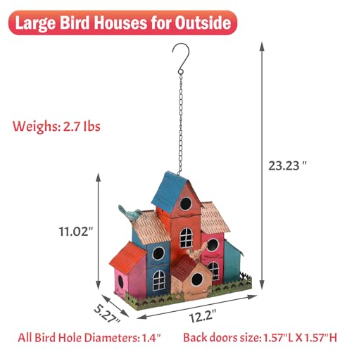 Large Bird House for Outside Hanging, Metal Bird Houses for Outside with 6 Compartments for Birds to Nest in, Durable Colorful Birdhouse with Easy Clean Back Doors, Escape Holes & Ventilation