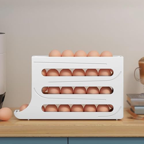 4 Tiers Egg Holder for Fridge， Automatic Egg Rolling Rack, 30 Eggs Storage Rack, Egg Distributor for Refrigerator, Egg Storage Rack for Kitchen (White)