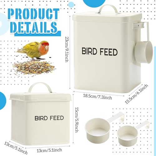 Reallnaive 2 Pcs Metal Bird Seed Container with Scoop,White | Bird Feed Storage Container with Fitted Lid, Farmhouse Style Ideal Gift for Birds and Pet Owners