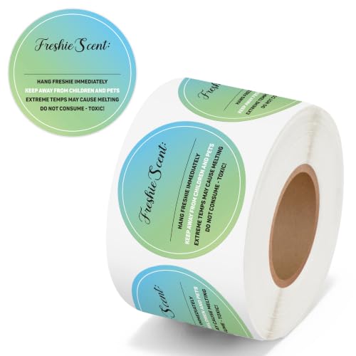 500 Count Freshiess Scent Care Instruction Stickers (Green Blue) | Car Freshie Warning Label, with Line to Write in Scent, Round Adhesive Roll Sticker, for DIY Craft Small Business, 2 x 2 Inch - color: Freshiess Green Blue