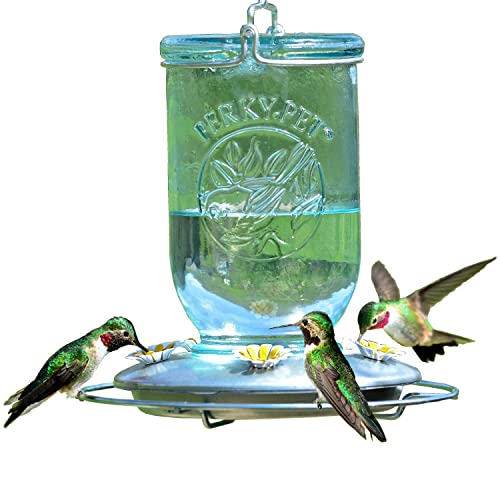 Perky-Pet Mason Jar Hummingbird Feeder, 32 oz Nectar Capacity | Vintage Style Glass Bird Feeder, 5 Flower Feeding Ports, Outdoor Garden Backyard Wildlife - color: Blue Mason Jar