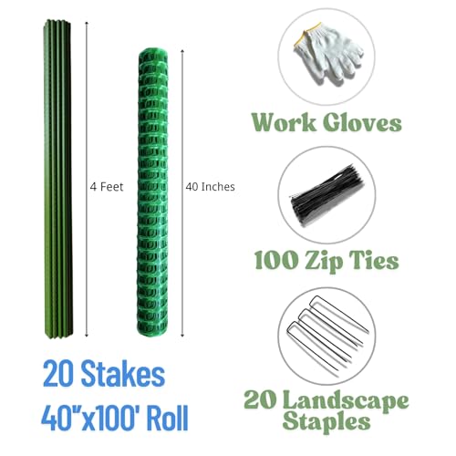 40'' x 100', Green, Plastic Garden Fence with Stakes, Strength | Reusable HDPE Mesh, Construction & Outdoor Use, Easy to Install, Rust Free, Flexible Design, Cut to Fit, Easy to Roll & Store - color: Green, size: 40'' x 100'