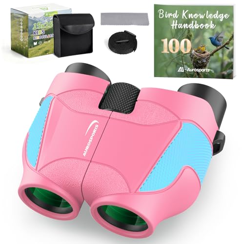 Aurosports 15x25 Compact Binoculars for Kids with Bird Guide Book, Pink | Lightweight Easy Focus with Carrying Case & Strap; Durable Fully Coated; Birdwatching Cruise Travel Gift for 8-12 Boys Girls - color: Pink