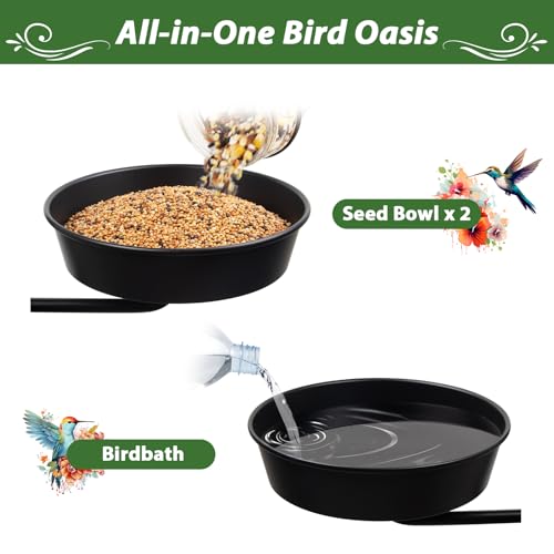 Bird Bath for Outside, Metal Freestanding Birdbaths with Bath Bowl and Seed Bowl, Hummingbird Feeders for Outdoors Garden Patio Yard Lawn Decor, Black, Gifts for Mom Dad, Gifts for Women Men