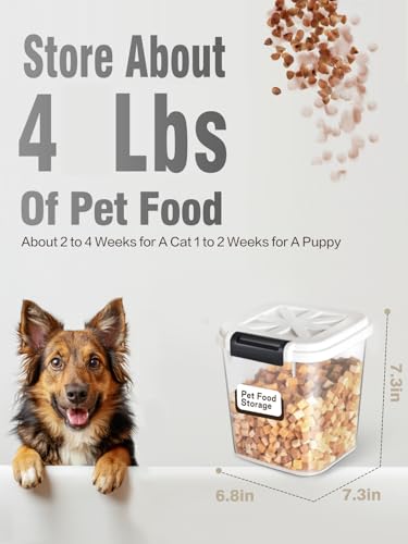 Pet Food Storage Container, 5 lbs Dog Cat Treat Storage Bin with Lid, Dry Food Storage for Dog Treats, Cat Food, Cereal, Rice, Birds (4 lbs) - White | Airtight snap-lock lid, clear BPA-free body, and measuring cup for dog treats, cat food, birdseed, cerea