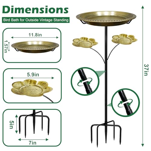 Bird Bath for Outside,Birdbaths with 2 Detachable Flower Feeders | Metal 5 Prongs Base,Detachable Bowl,Easy Clean/Install,37"H Freestanding Birdbath for Garden,lawn,yard,patio,Antique Gold - color: Antique Gold