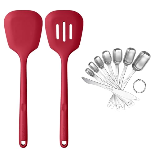 U-Taste 600ºF Heat Resistant Silicone Turners, 13.6in Long Solid & Slotted Kitchen Spatula, and 18/8 Stainless Steel Square Measuring Spoons Set of 8 (Red+Silver)