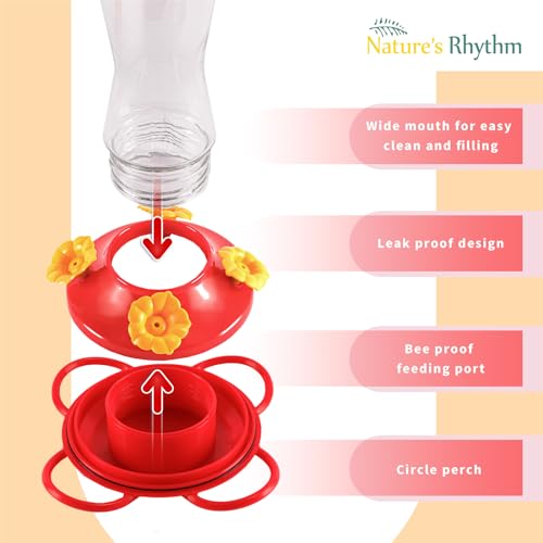 Nature's Rhythm Bird Feeder 4 bee Guard Plastic Yellow Flowers Feeding Port 8oz Glass Pinch Waist Hummingbird Feeder (1Pcs) - color: Red-Yellow Flowers, size: 1pcs