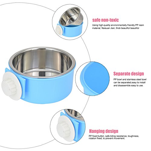 Crate Dog Bowl Removable Stainless Steel Water Food Feeder Bowls Cage Coop Cup for Cat Puppy Bird Pets - color: Blue, size: Small