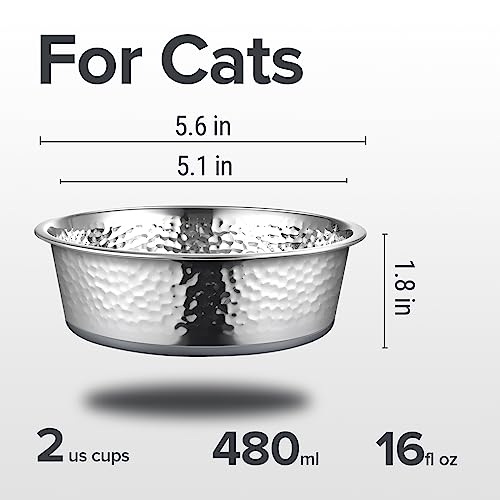 URBUDDIES 2 Pack Hammered Stainless Steel Cat Bowls,2 Cup, Gray Bottom | Premium Metal Cat Bowls with Non Slip Rubber Bottom, Dishwasher Safe, Easy to Clean - size: 2-Cup