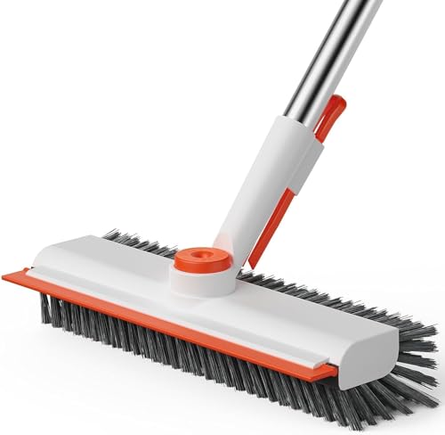 AIR U+ Floor Scrub Brush with Long Handle, 3-in-1 Rotating Head & Squeegee | Stiff Dual-Sided Bristles for Shower, Bathroom, Kitchen and Patio, Easier Stand-up Cleaning, White & Orange - color: White and Orange, size: 1 PACK