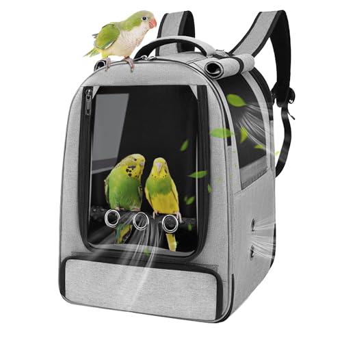 Bird Backpack Carrier,Bird Travel cage Backpack with Tray and Standing Perch,Feeding Tank,Waterproof pad,Used for Parakeets,hornbirds,Lovebirds,Small and Medium-Sized Bird - color: Grey